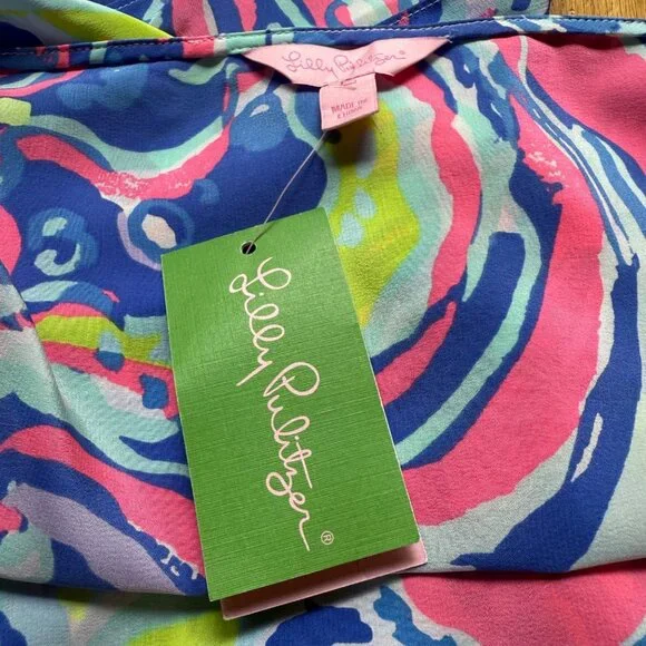 Lilly Pulitzer Size L NEW Blue Pink Kimi Silk Sleeveless Asymmetrical Hem Dress - Picture 8 of 15